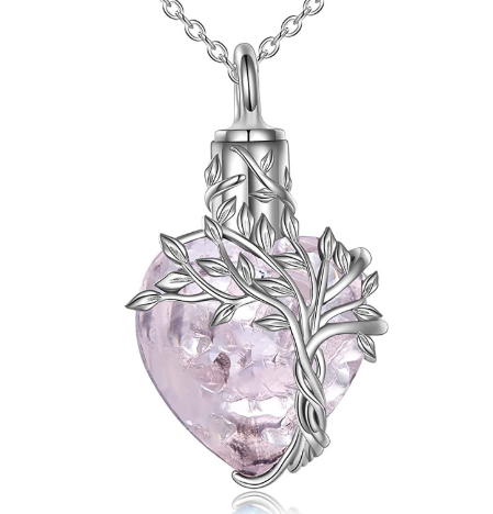 Tree of Life Heart Urn Necklace with Gemstone Pendant